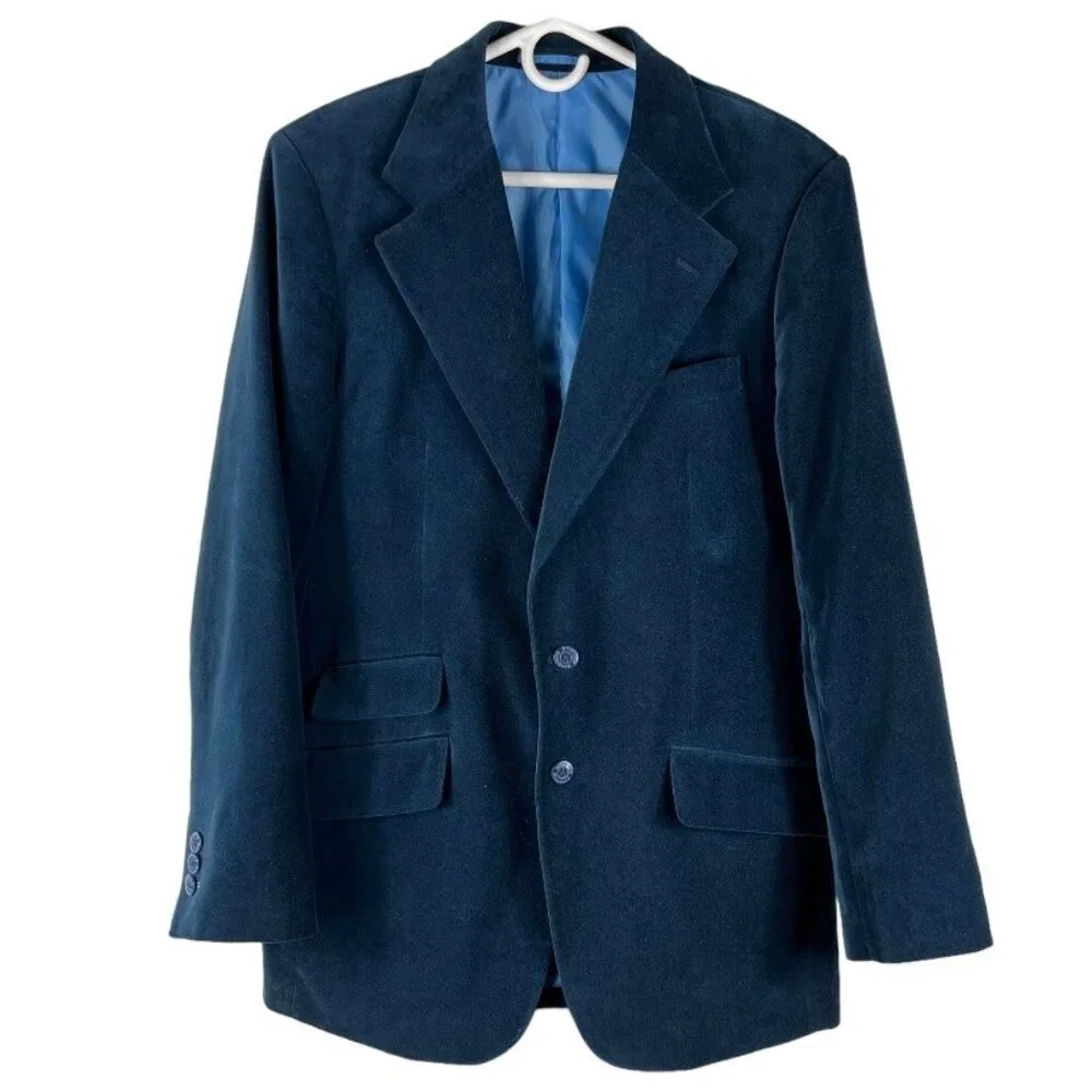 Dragonfly Mens Blue Velvet Velour Smoking Jacket Blazer Dress Coat Size Medium